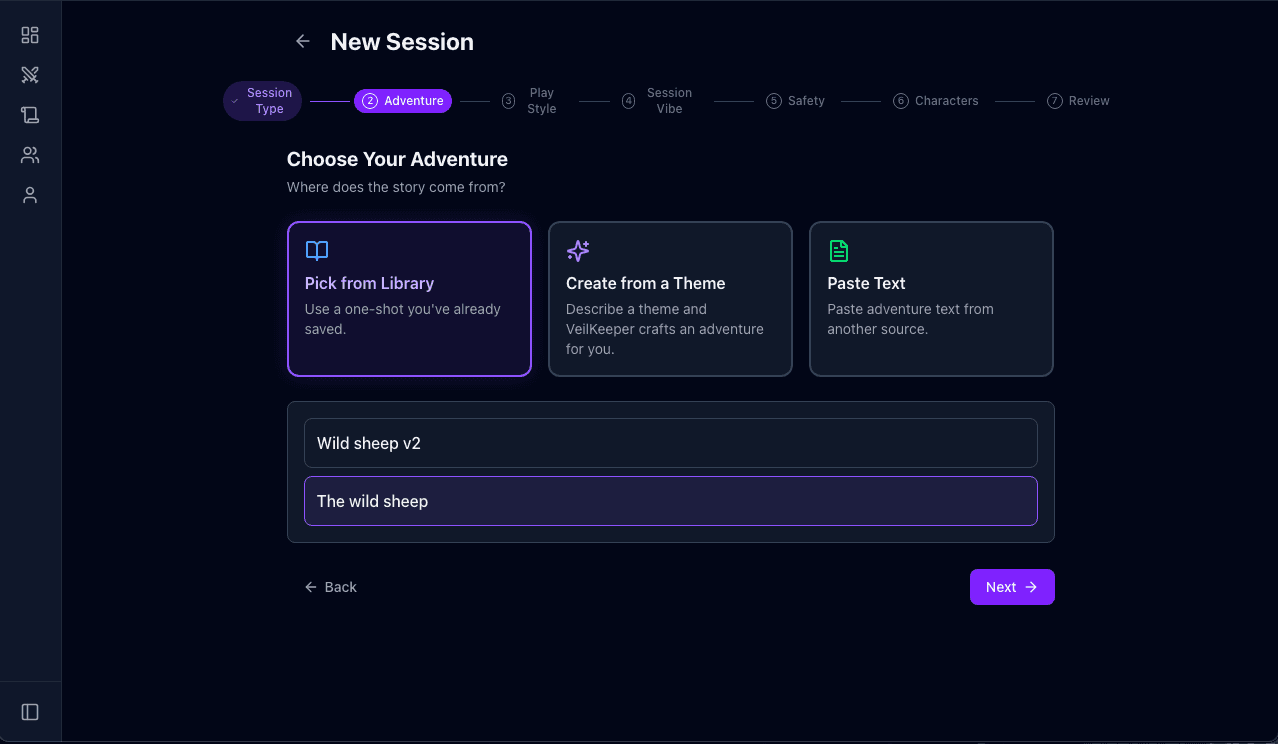 Choose Your Adventure — pick from library, create from theme, or paste text