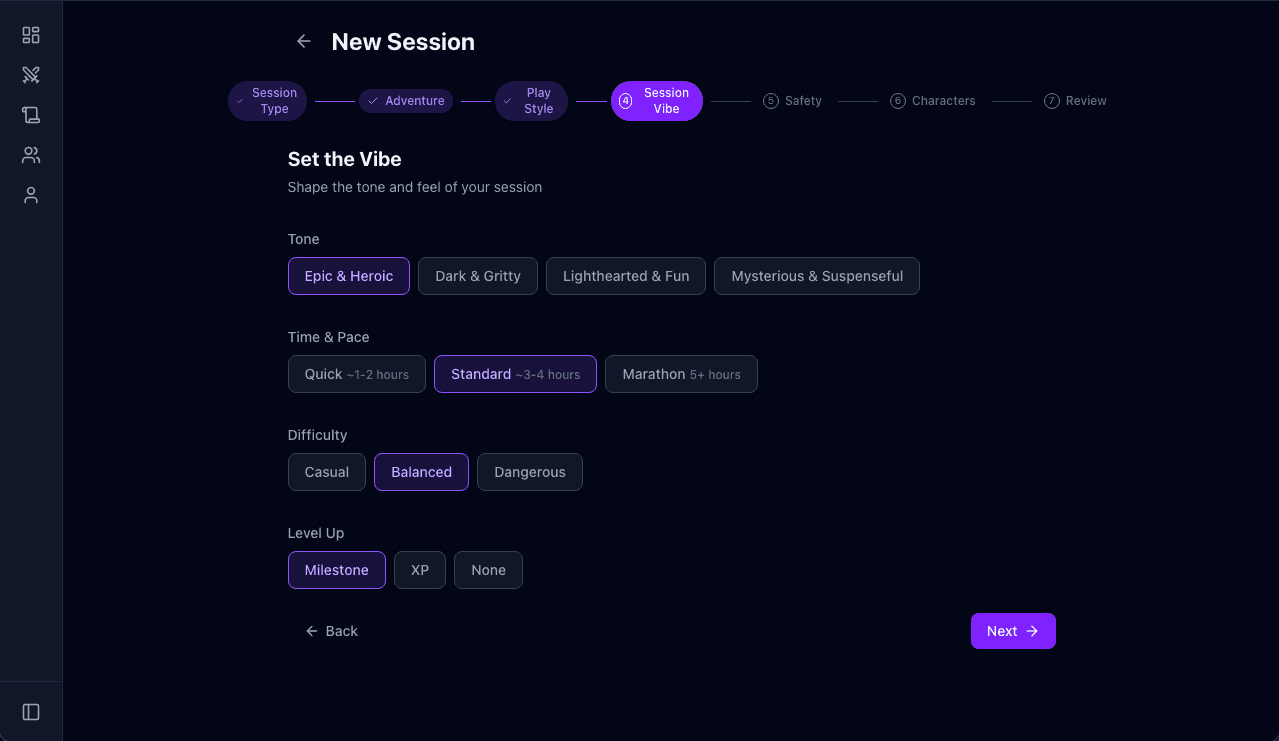 Session Vibe — tone, pace, difficulty, and level up settings